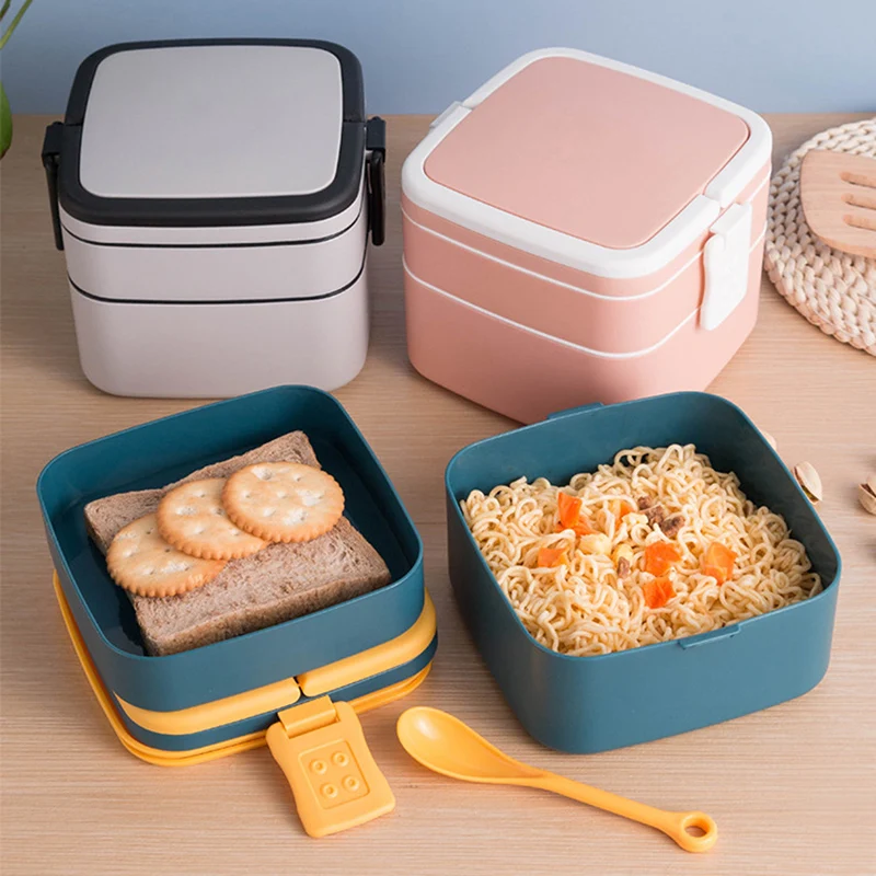 1000ml Portatile 2 strati pranzo sano contenitore per alimenti forno a microonde pranzo Bento scatole con posate Lunchbox