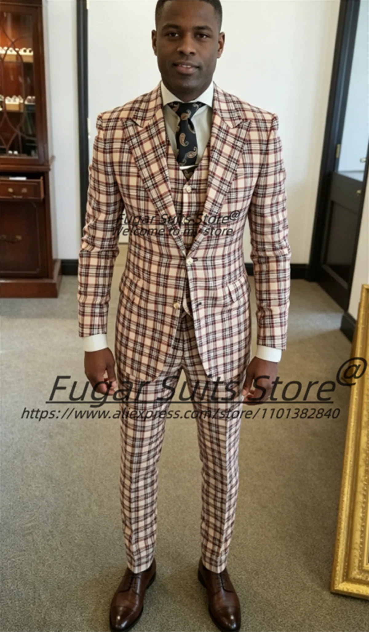 Business Plaid Men Suits Customized Slim Fit Peak Lapel Banquet Party Groom Wedding Tuxedos 3 Pieces Sets trajes para hombre