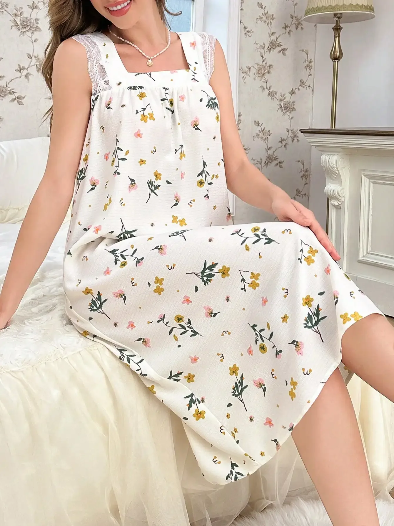 

Square Collar Contrast Lace Floral Print Nightgown Babydoll Perfect Summer, Moo Moo Bountiful Floral Splendor Coz