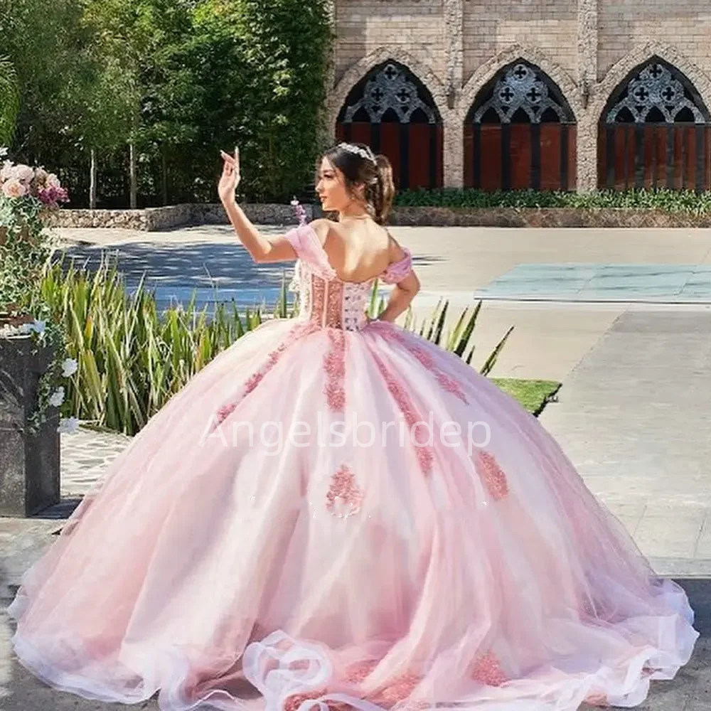 Sparkly Pink Beading Crystal Illusion Ball Gown abiti Quinceanera 2025 messico Brithday Party Vestidos De 15 quinceasenera