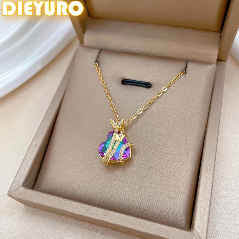 

DIEYURO 316L Stainless Steel Colorful Heart Love Butterfly Temperament Necklace For Women Trend Gorgeous Neck Chain Jewelry Gift