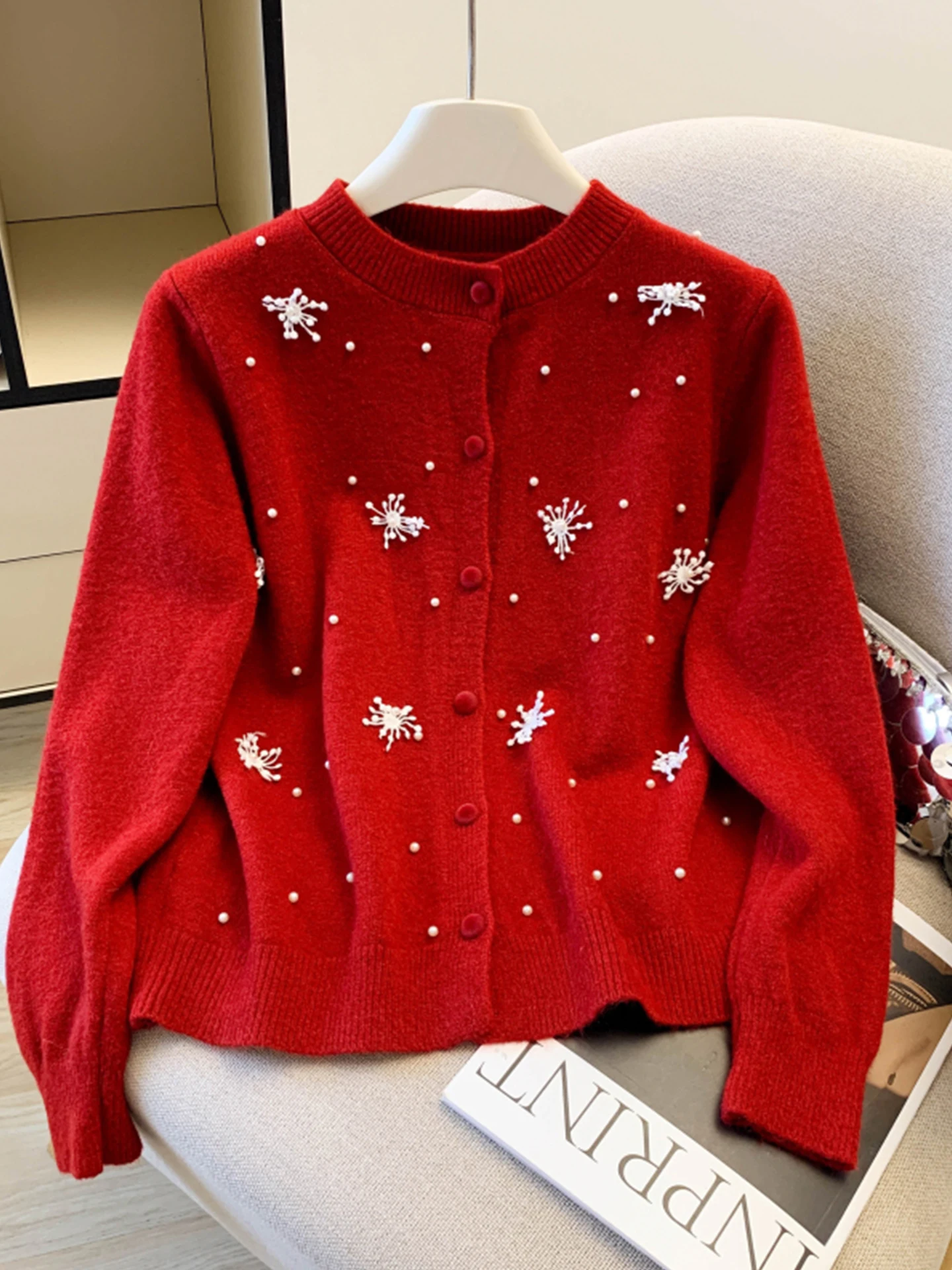 

Emily Clud Cisas New Year Snowflake Bead Long Sve Knitted Open Cardigan Women's Autumn Winter Thi Warm round Ne Sw...