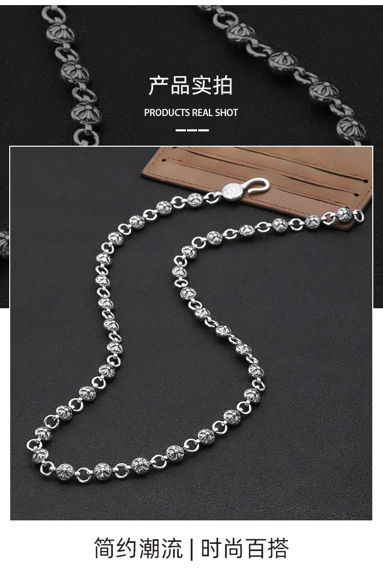 S925 Sterling Silver Cross Ball Necklace for Men's Dominant Hundred Pairs Chain for Women's Fashion Trend Retro Old Accessories