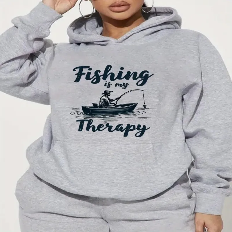 

Winter Fall Female Plus Size Clothes Women Oversize Sweatshirt Fishing Is My Therapy Black Graphic Cotton Fashionable Comfort