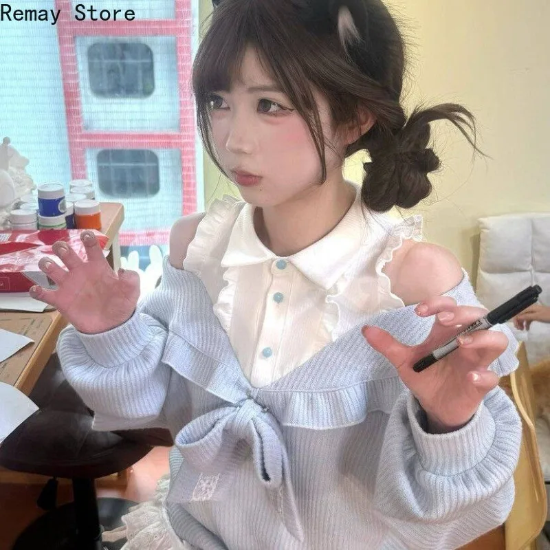 Korean Fashion Style Sexy Sweet 2 Piece Set Women Chic Bow Sweater Tops + Lace Mini Skirt Japanese Lolita Y2k Autumn Outfits New image 4