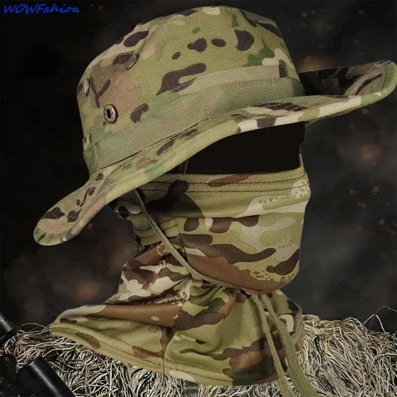 Men Camouflage Bucket Hats With Cover Full Head Scarf Sport Jungle Hunting Panama Summer Hiking Sunshade Sun Hat