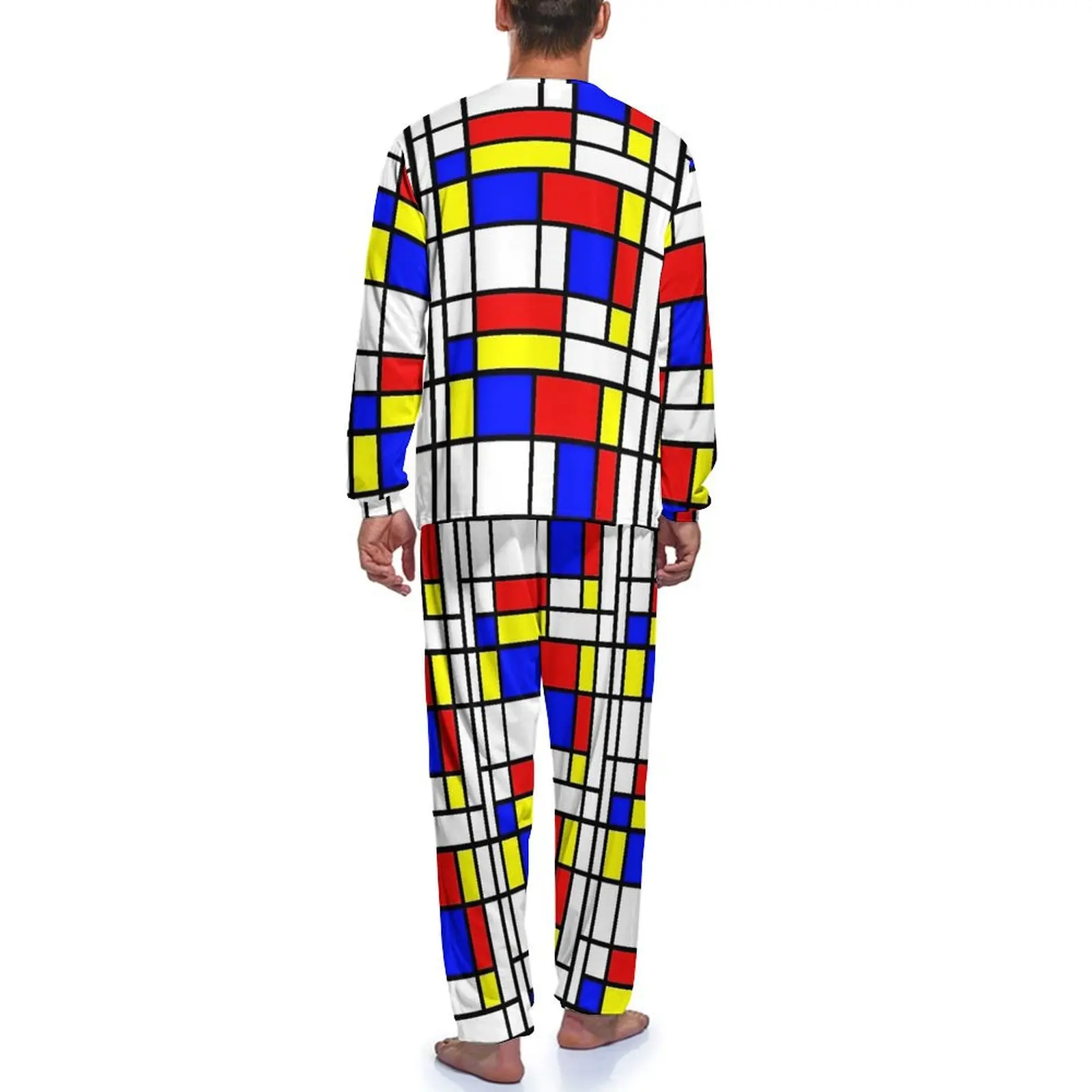 Pijamas con estampado Retro Mondrian, traje para casa estético de primavera para hombre, conjuntos de pijamas de moda de manga larga con patrón de 2 piezas