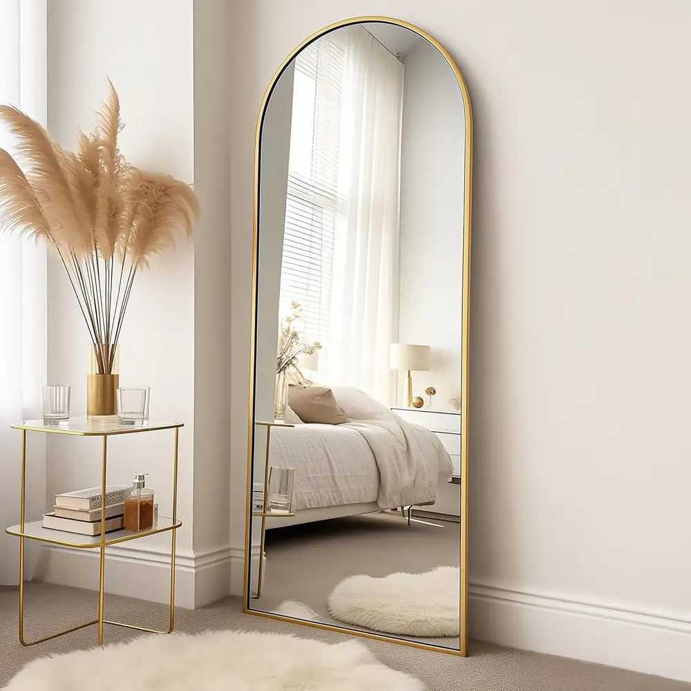 

64 Arched Full-Length Freestanding Floor Mirror with Stand, Ideal for Bedroom or Living Room, Gold Finish