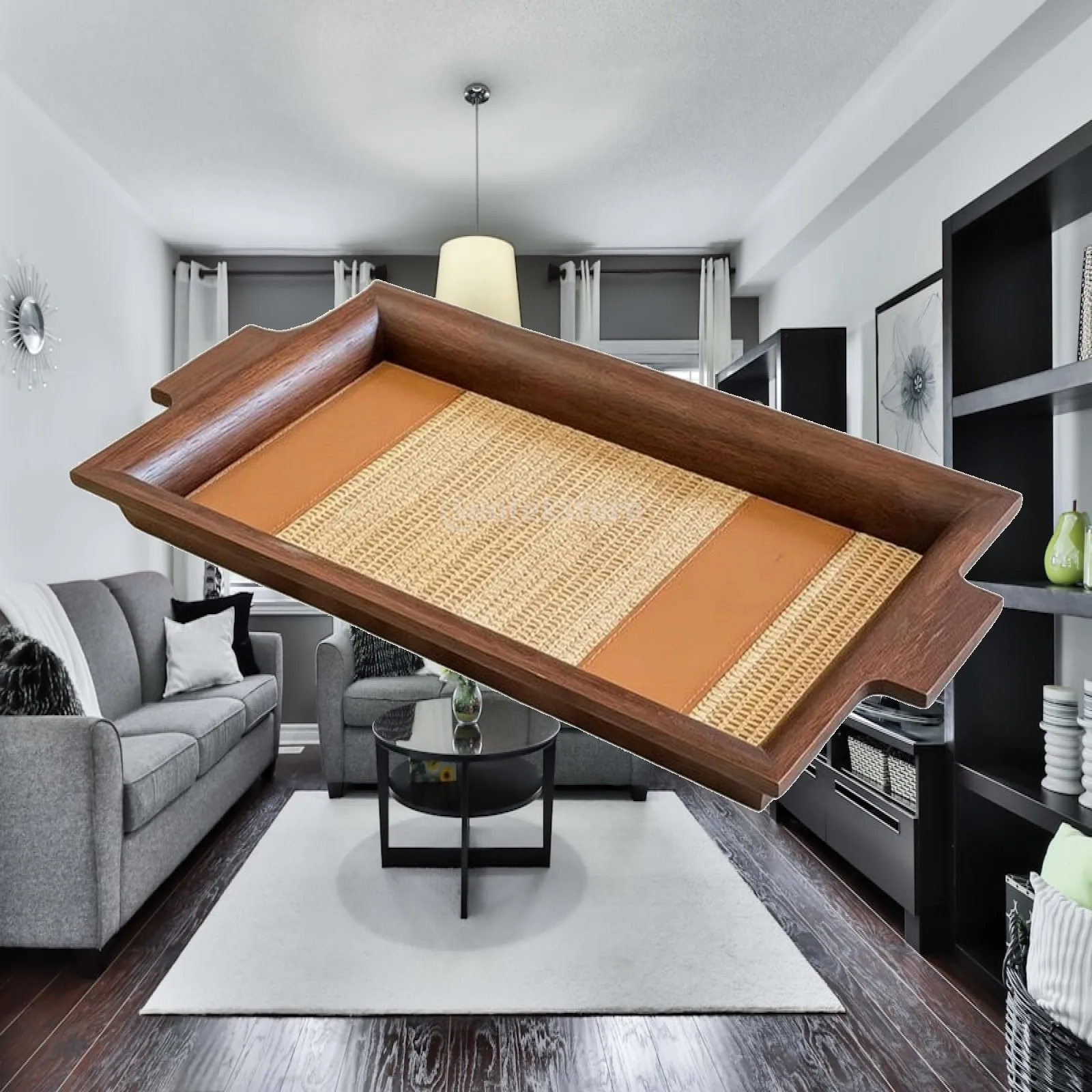 Wooden Storage Tray with Woven Insert for Remote Control Jewelry Decor Handcrafted Serving Platter for Living Room
