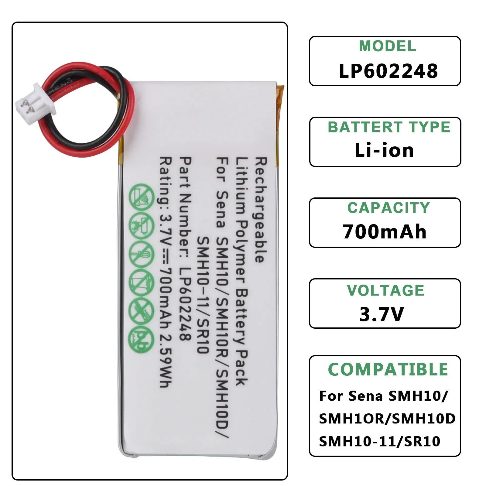 LP602248 3.7V 700mAh Battery for Sena SMH10 SMH10R SMH10D SMH10-11 SR10 Motorcycles Bluetooth Headset Intercom