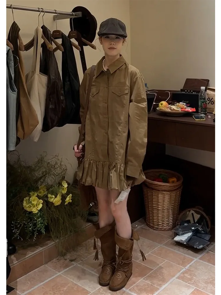 Vroege herfst trendy bruine lange Sve irt Dr Ele hoge taille A-lijn rok hoge kwaliteit eenvoudige en Ele bloemenprint