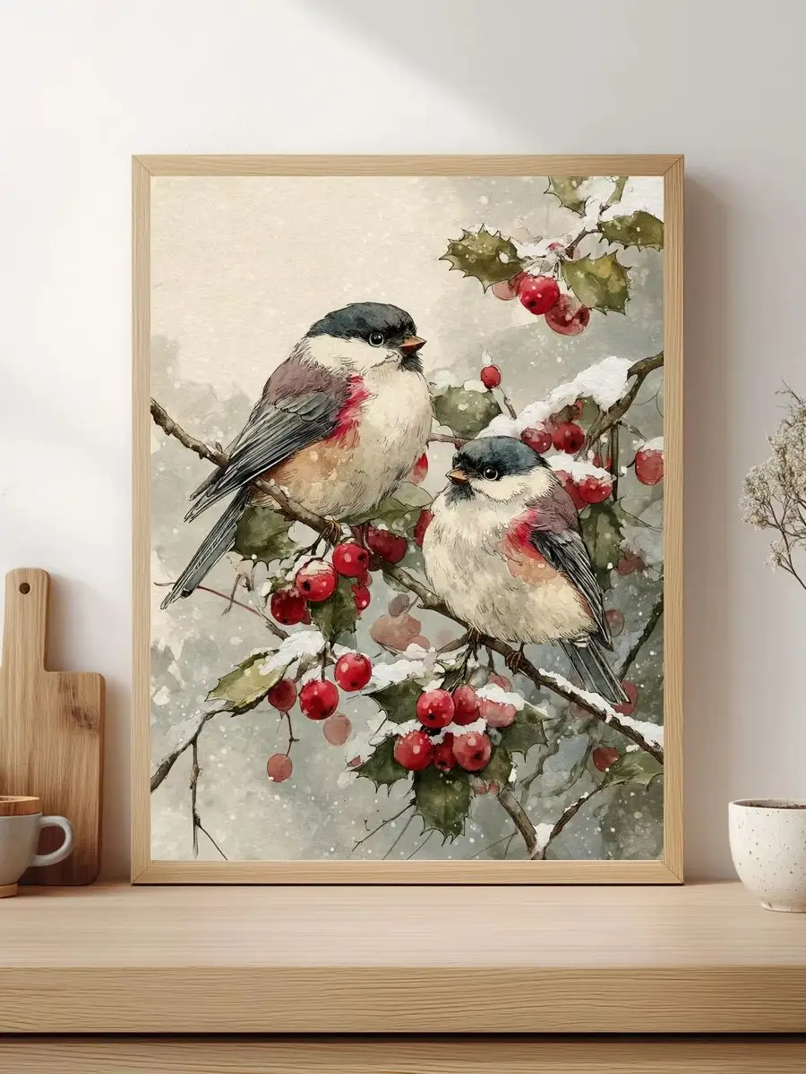 1 Stück 30x40cm/11,8x15,7 Zoll, 11Ct/14Ct Kreuzstich-Set, DIY Valentinstagsgeschenk, Stickerei-Set für Festlichkeiten, Schneigeriger Ast mit Rotkehlchen – Detail 1