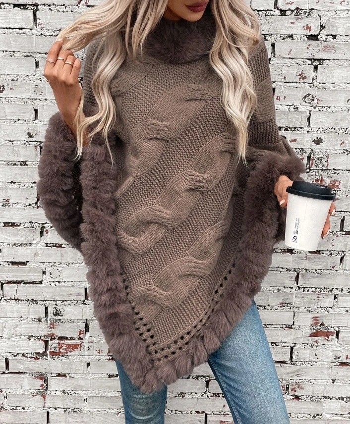 

Women's Top 2024 Winter Imitation Otter Rabbit Fur Collar Thick Fried Dough Twists Fur Color Bat Sleeve Pullover Sweater Cloak