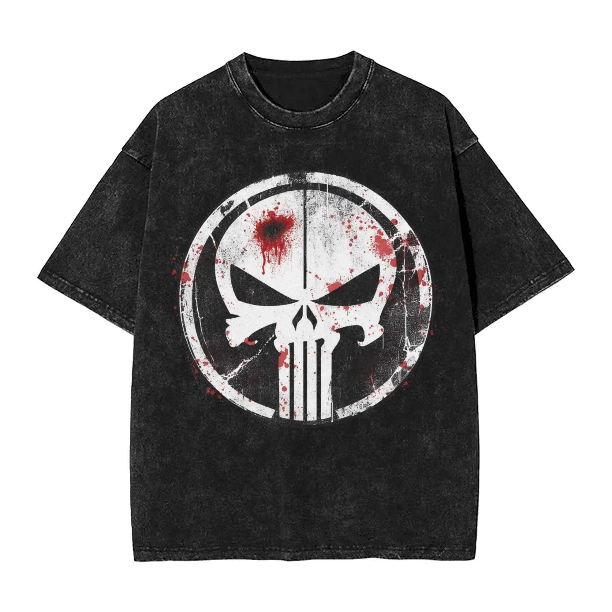 Retro Punisher Blood Vintage Washed Tshirts Men's Round Neck Short Sleeve Tops  Cotton Summer Clothes