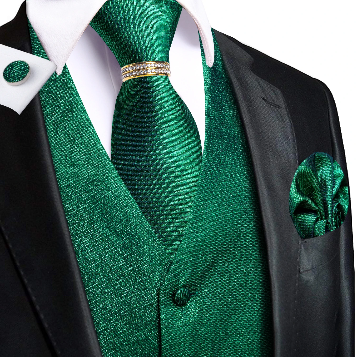 Emerald Green Waistcoat 5-Piece Set for Men, Vest Tie Hanky Cufflinks Ring, Gentleman Formal Outfit Banquet