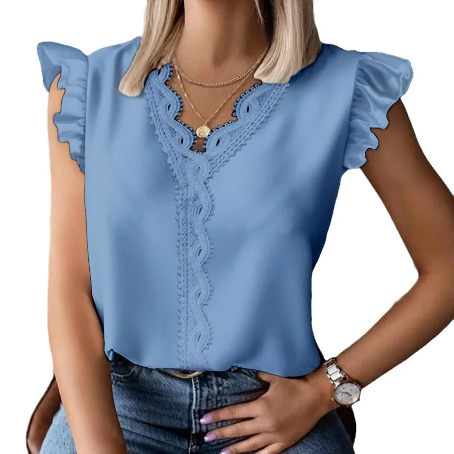 White Lace Blouses Women Chiffon Ruffles Solid Loose Womens Tops And Blouses Casual V Neck Patchwork Shirts Tunic Vest 2025 New