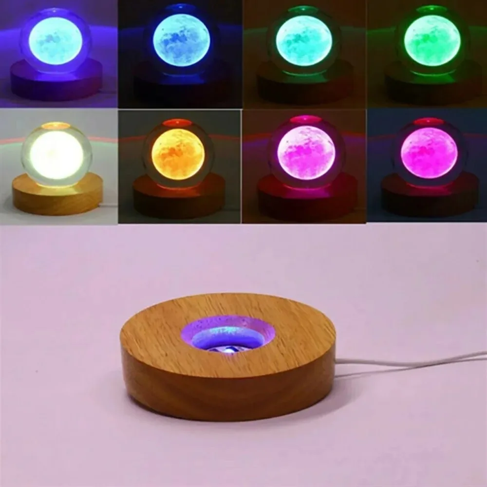 3D Crystal Glass LED Night Light with Wooden Rotating Base, USB Rechargeable Resin Art Ornament, Decorative Lamp for