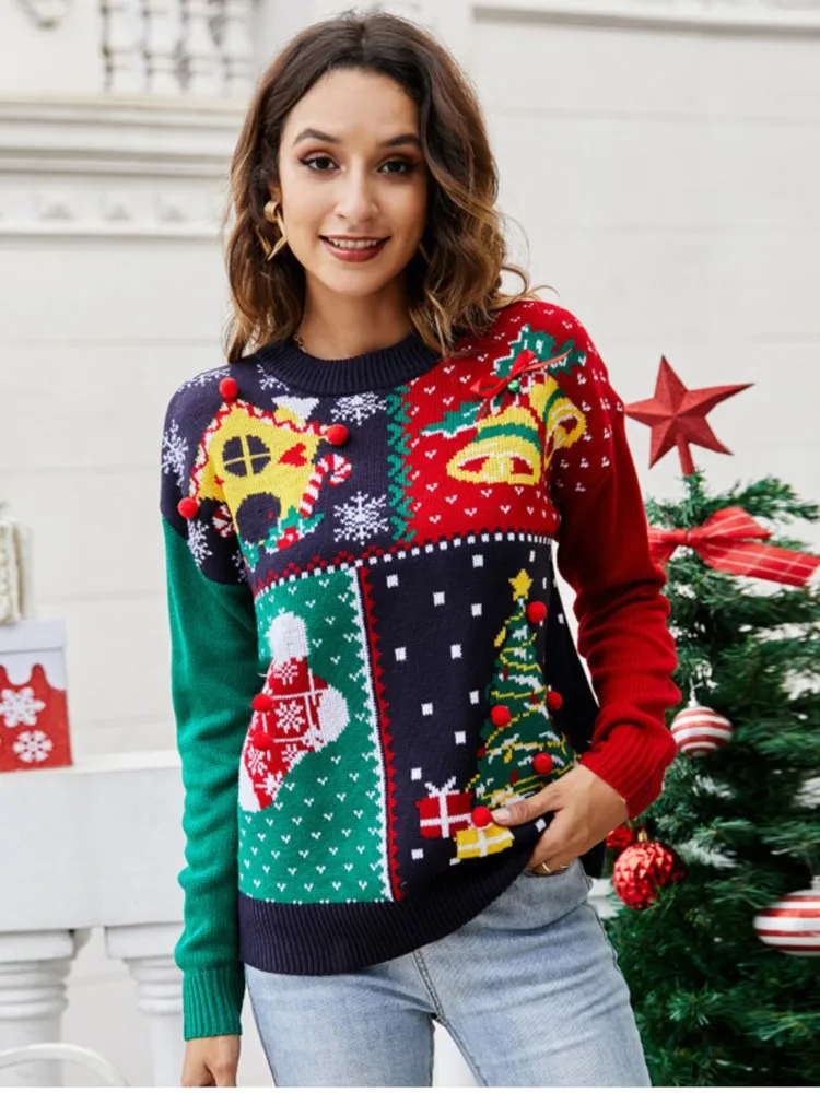 

Knitted Loose Sweater For Woman Fashion Christmas Patterns O-neck Long Sleeves Pullovers Autumn Winter Ladies Party Sweaters