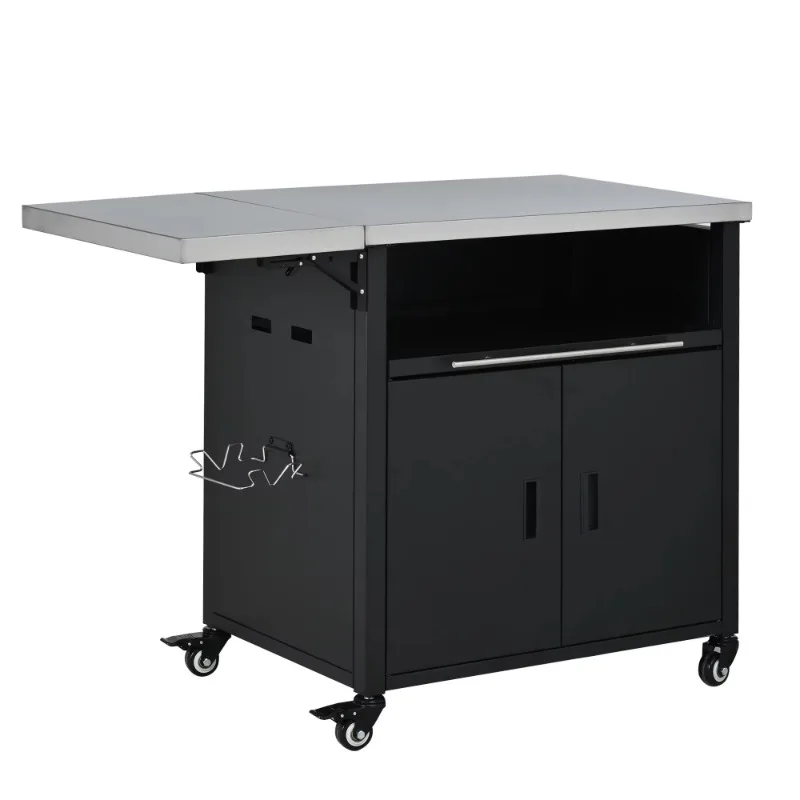 Image 5: Station de préparation pliable pour patio, îlot de cuisine extérieur pliable, chariot de barbecue avec support à déchets