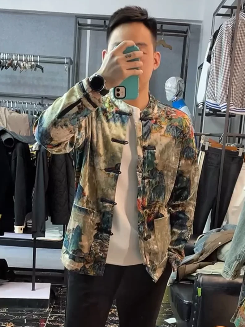 

Comfortable Faionable Men's Spring Autumn Tang Suit Jaet Mountain Water Lacape Painting Busin Casual Versatile Oute...