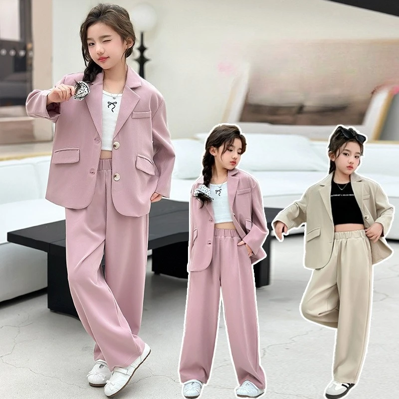 

teen girls teen girls suit jacket set spring autumn Blazer+Wide leg pants 2pcs junior kids trousers suit child outfits set 4-14