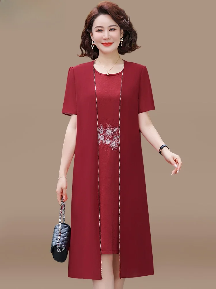 

Summer Faionable Mommy Wedding Dr Set Midi Length Chiffon Two-Piece Suit for Middle-Aged Women Embroidered round Ne
