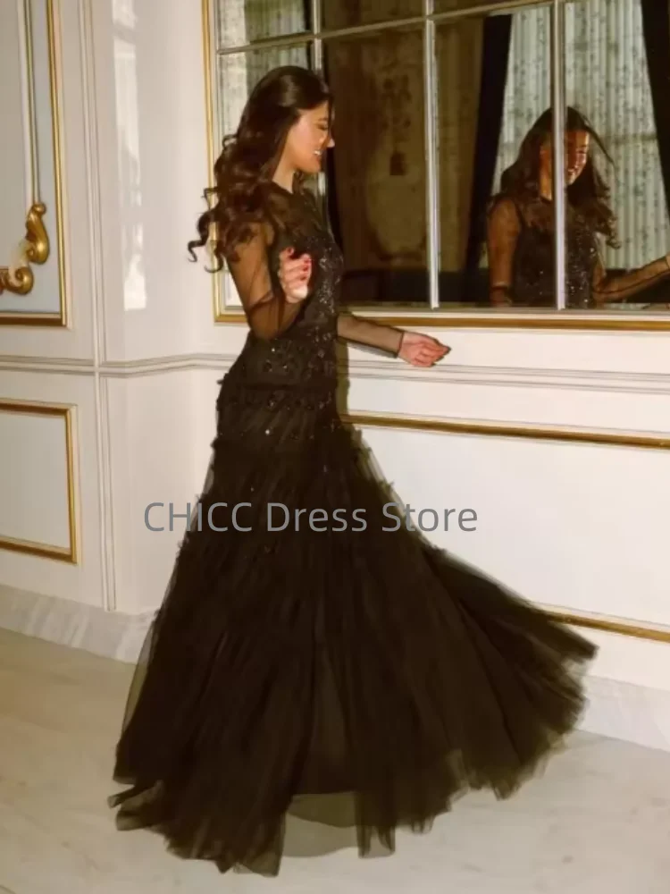 Saudi Evening Dresses Long Sleeves Prom Dresses Black Lace Bead O-Neck Floor Length Tulle Party Gown Customized robes de soirée