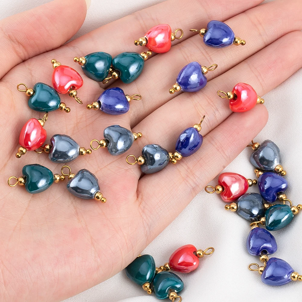 5Pcs Painted Ceramic Hoop Cylinder Bead Blue Flower Heart Pendant Stainless Steel Charm for Earring Jewelry Making Supplies view 5