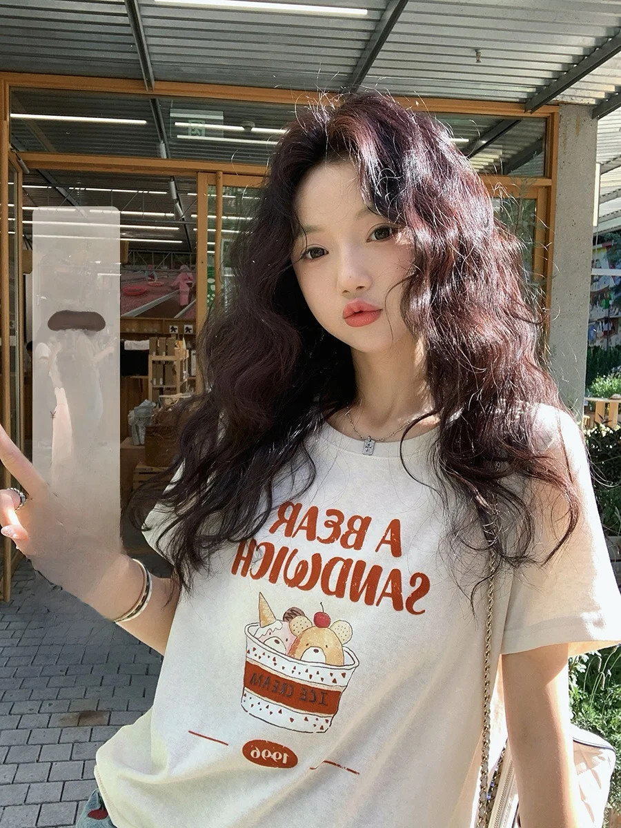 

Ibell Zhang Long Staple Cotton Blend Soft Plump Bear Print ort Sve Women's round Ne Loose Slimming Top Summer T-irt