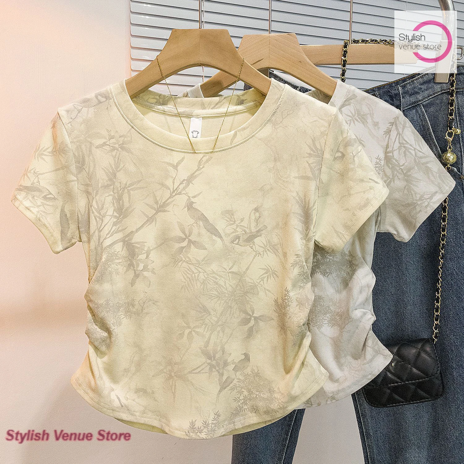 Korean-style fashion tie-dye T-shirt shoulder short sleeve women's summer new retro Joker round neck loose slim short top