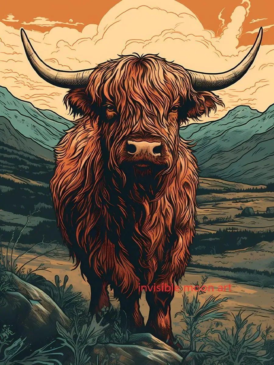 Scottish Highland Cow & Calf Canvas Art Print - Farmhouse Animal Wall Decor for Living Room