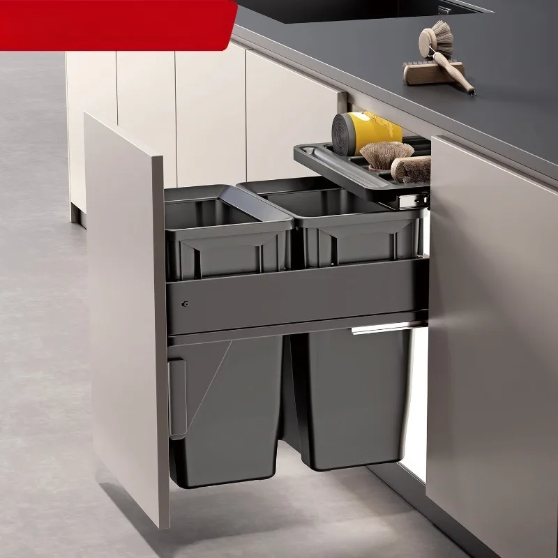 Built-in Cabinet Trash Can, Hidden Slide-out Drawer Recycling Bin, Dual Compartment Waste Bin With Lid For Kitchen