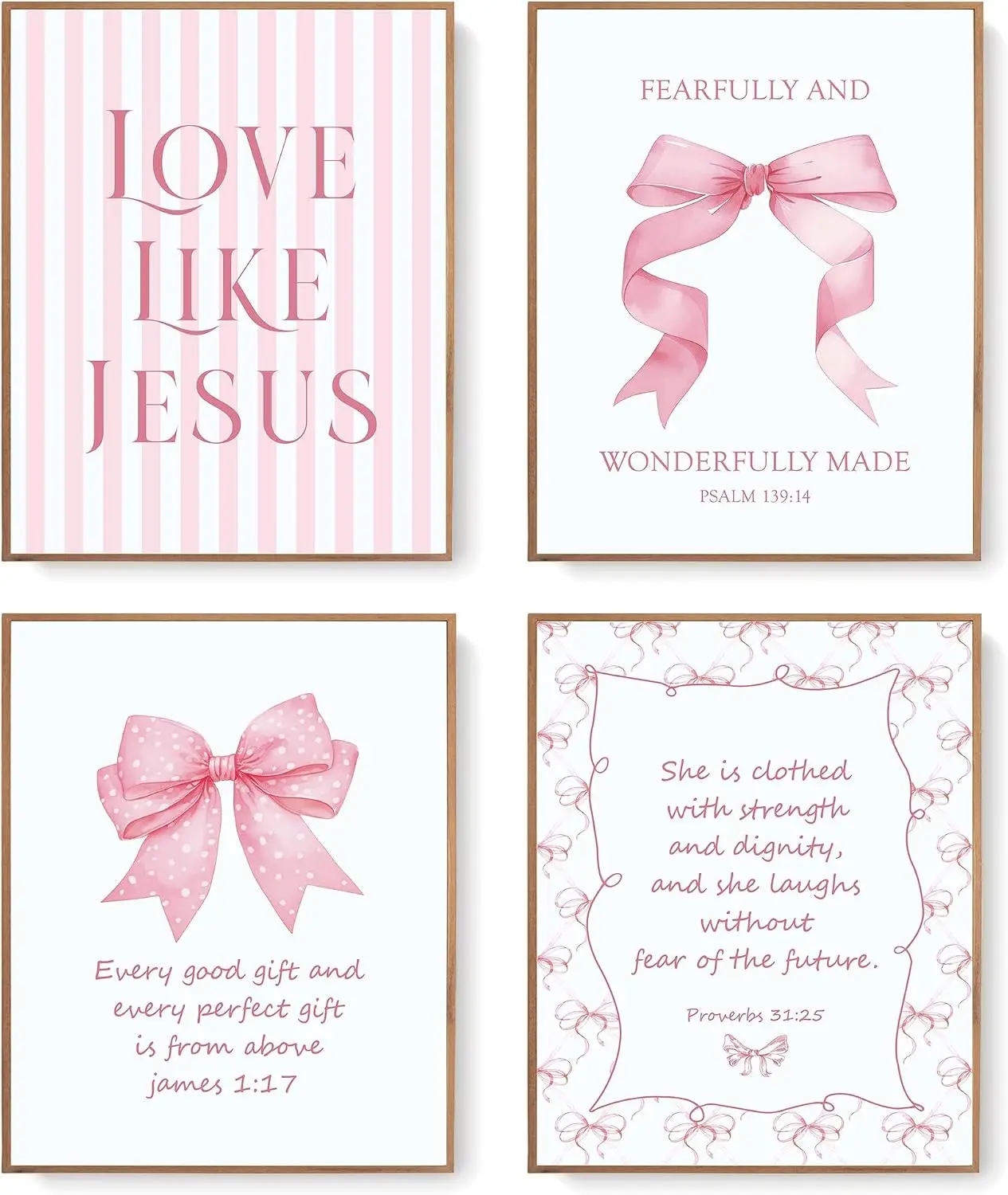 4pcs Sweet Wind Pink Watercolor Bow Canvas Painting Set, Religious Bible Scripture Inspirational Room Poster