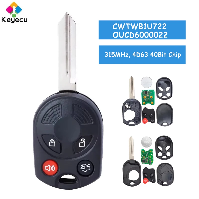 

KEYECU OEM Remote Head Car Key With 4 Button 315MHz 4D63 40Bit Chip for Ford Edge Expedition Mustang Fob CWTWB1U722, OUCD6000022