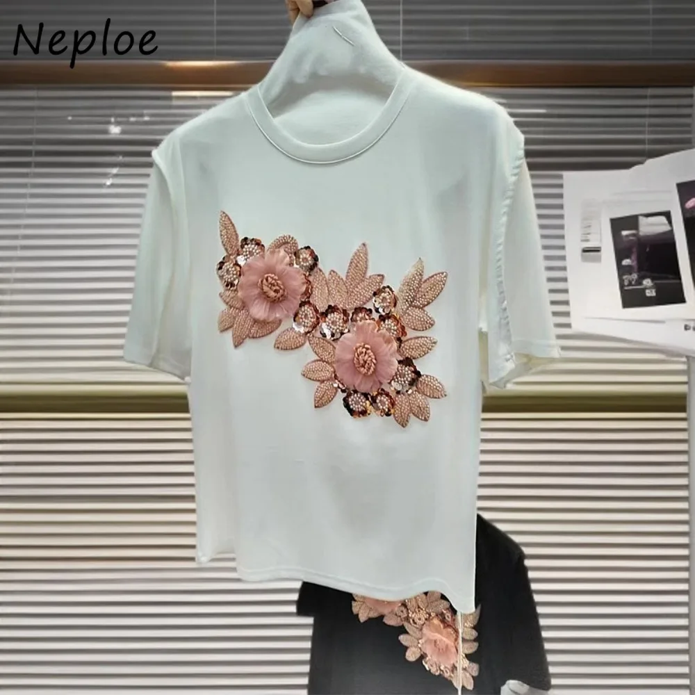 Neploe Commuter O Neck Simple Europe Heavy T-shirt Early Spring Embroidery Korea 3D Flower Tops All-match Gentle All-match Mujer