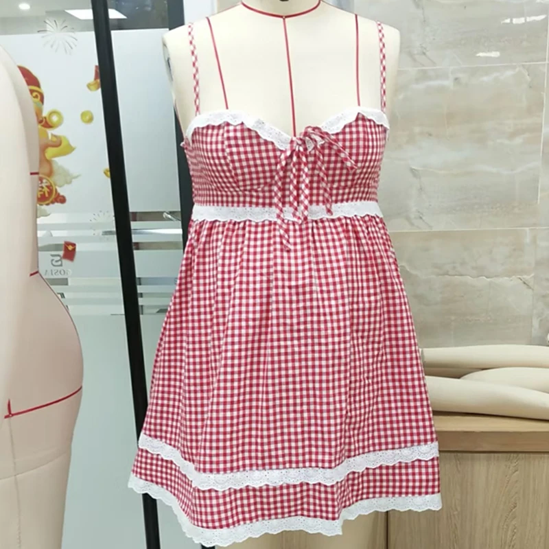 Mini abito babydoll con finiture in pizzo scozzese più carino Abito da donna senza maniche con cinturino per spaghetti Abito da cottage anni '90 Abito a trapezio vintage Y2k