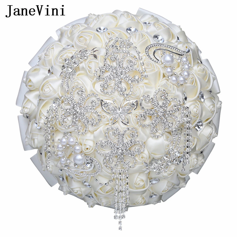 JaneVini 21cm Bouquet da sposa avorio di lusso con spille in argento gioielli finta rosa damigella d'onore Bouquet da sposa fiori da sposa Noiva