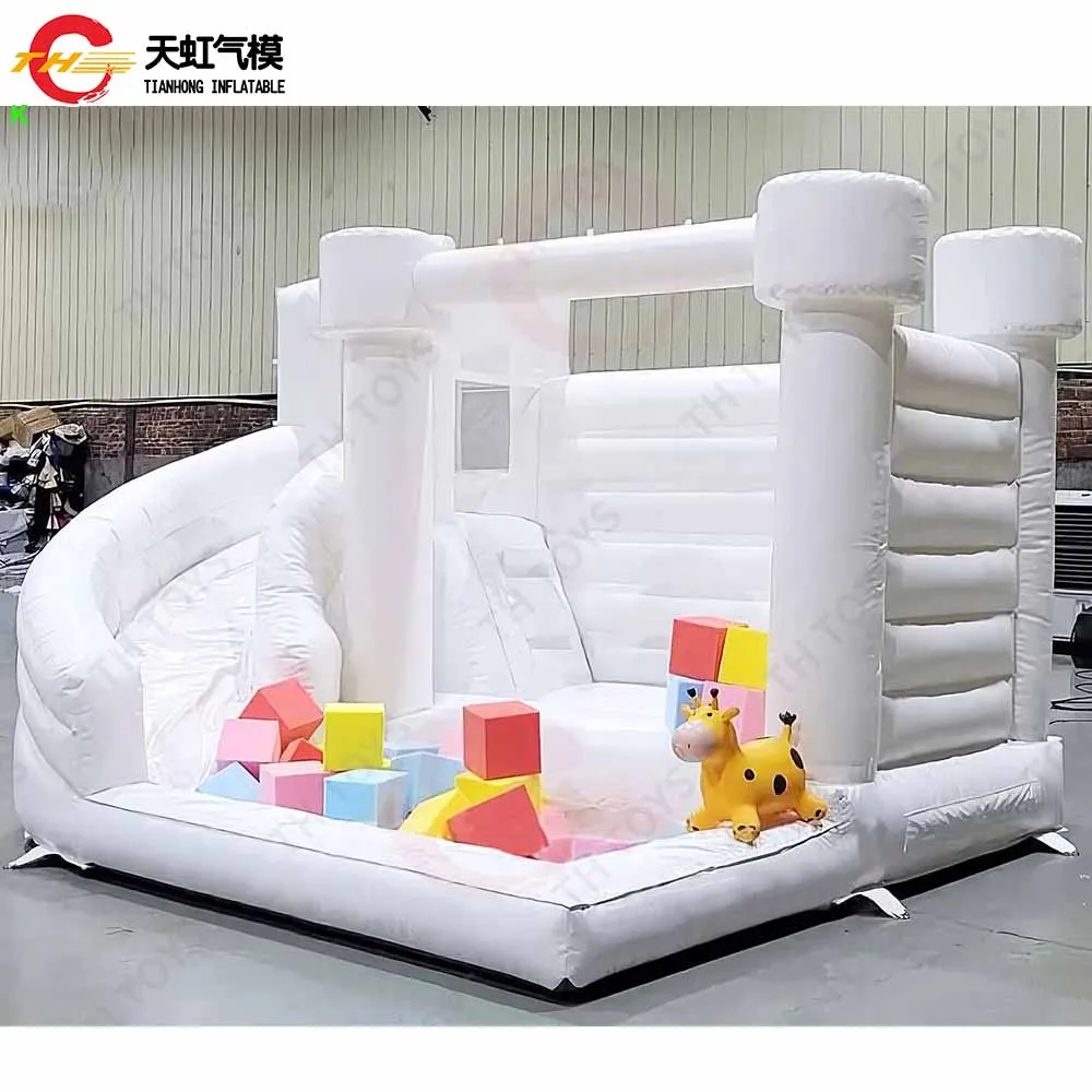Château gonflable de saut de 4x4m, maison de rebond avec fosse à balles, château gonflable blanc pour fête de mariage avec piscine coulissante