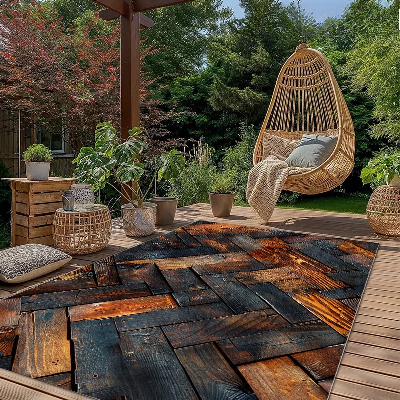 Distressed Wood Plank Pattern Outdoor Carpet | Suitable For Garden, Balcony, Camping, Rv | Machine Washable