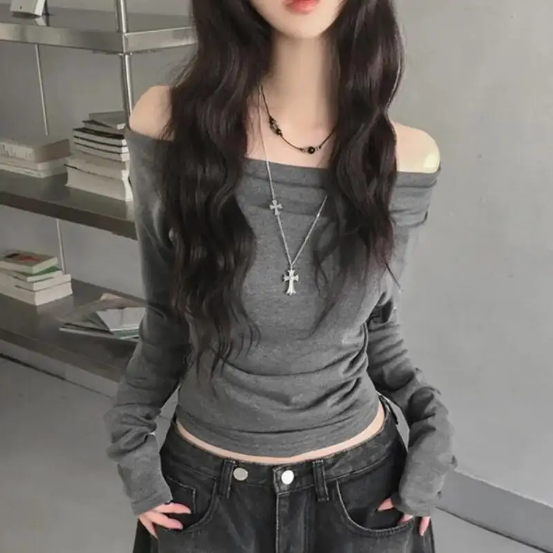 

Stylish Girl Modal Y2K One Shoulder Tops Korean Sexy Tight Fitting Long Sleeved Gir Autumn Winter Outfit Cute Base Shirt Creativ