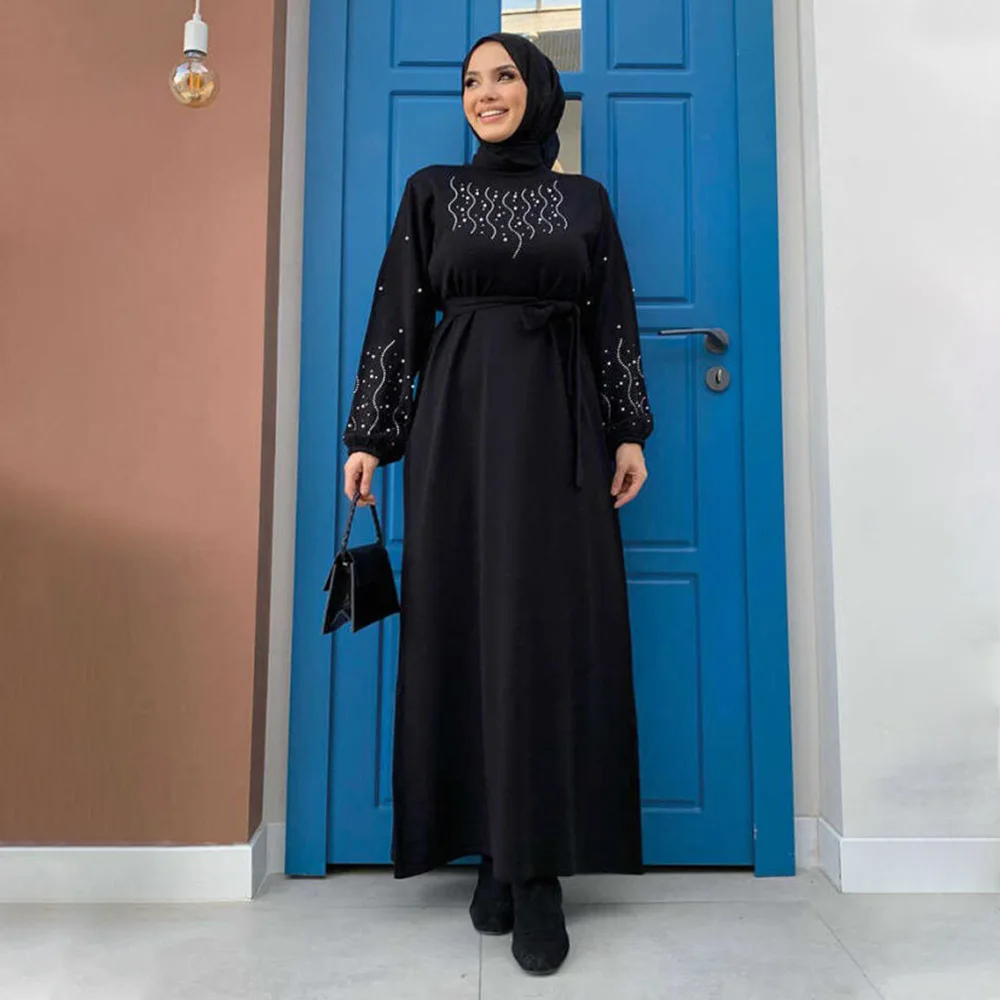 Cross border Middle Eastern Muslim Fashion Hot Diamond Bubble Bead Robe Commuter Women's Long Dress Without Headscarf