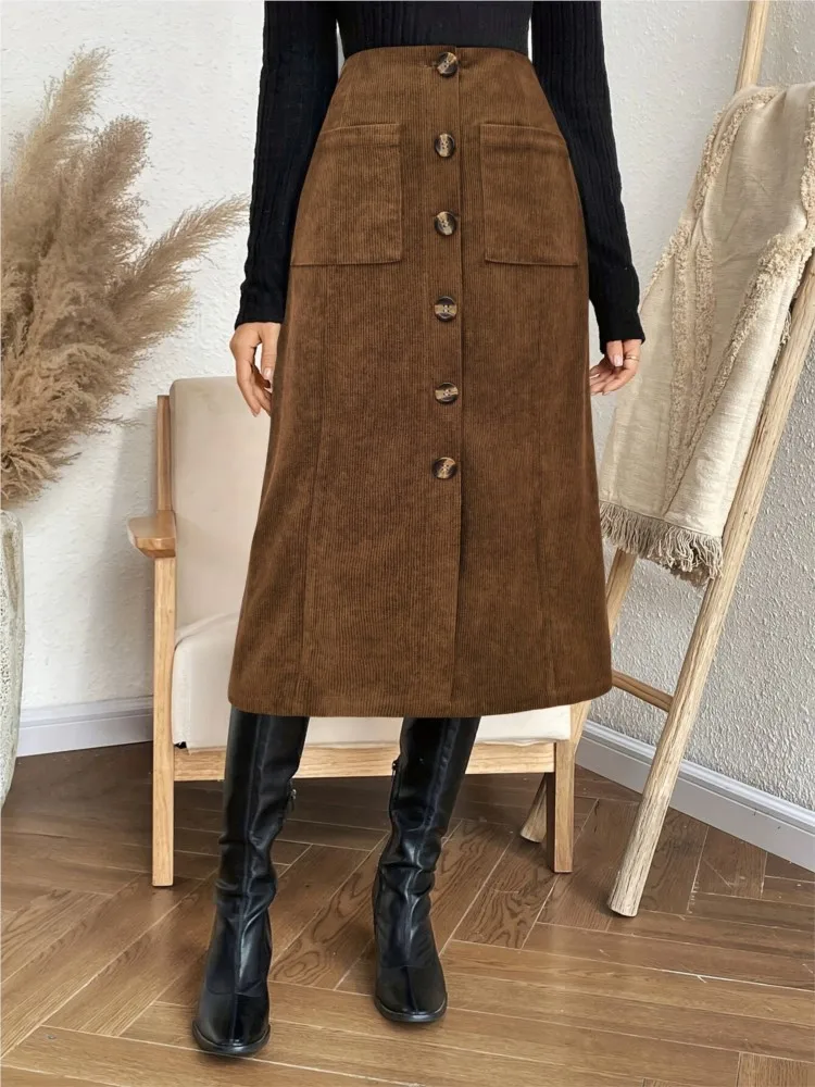 New Spring Autumn Women's Elastic Waist Button Pocket Skirt Fake Placket Elastic High Waist Straight Mid-Length Skirts For Women