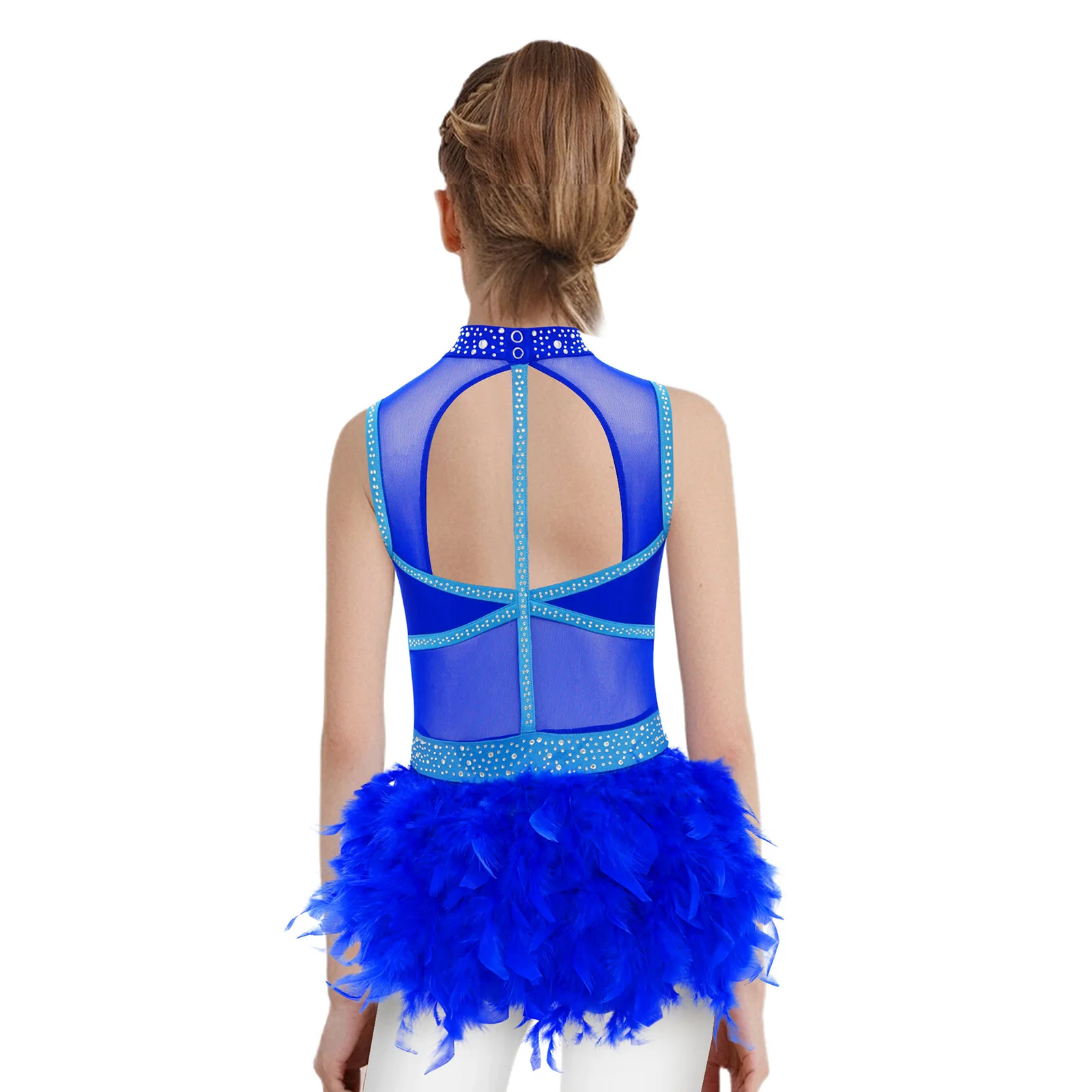 Kids Girls Ballet Leotard Cutout Back Rhinestones Unitard with Feather Skirt for Figure Skating Jazz Latin Dance Performance