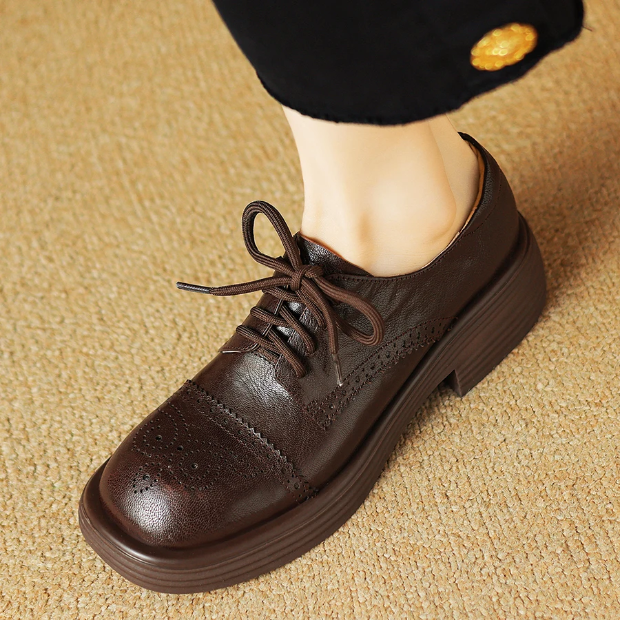 EAGSITY retro cow leather oxford shoes chunky heel platform casual leather shoes pumps retro leisure shoes outdoor footwear