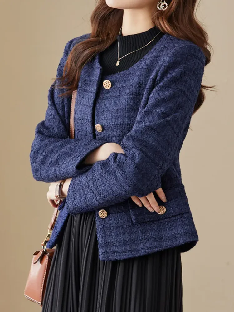 Korean Fashion Woolen Slim Outerwears Women Elegant O-neck Single Breasted Jackets Spring Fall Vintage Long Sleeve Chaquetas ﻿