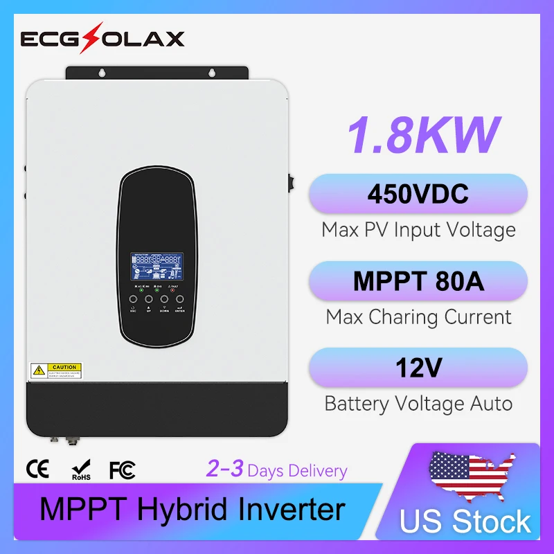 ECGSOLAX 1.8KW Hybrid Solar Inverter 12V 220V Off Grid Inverter Built in 80A MPPT Charg Controller Pure Sine Wave Solar Inverter