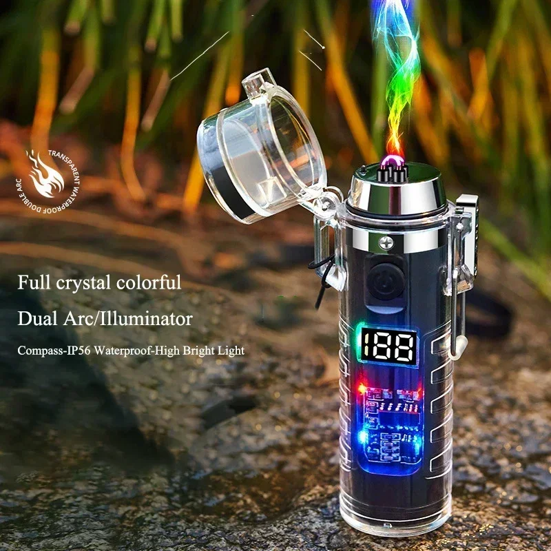 Outdoor Windproof Double Arc Pulse Flameless Lighter Flashlight Compass Multifunctional Lighter LED Display Sealed Waterproof