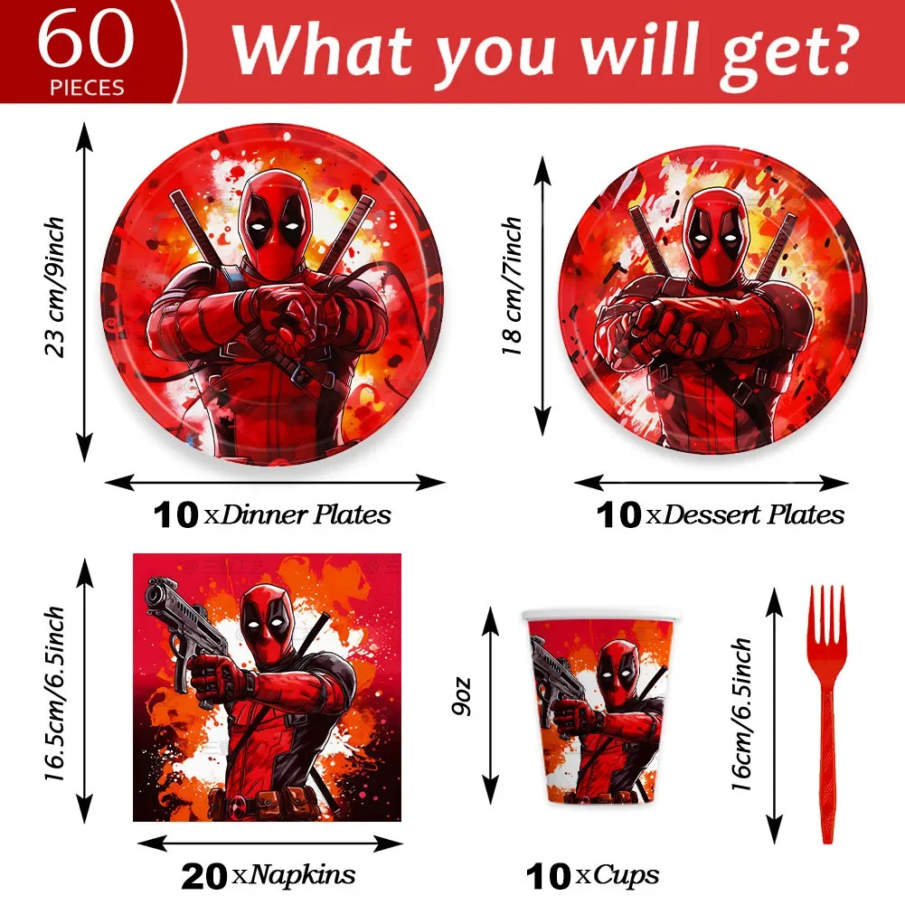 Marvel Deadpool Theme Party Supplies Cartoon Tableware Supplies Talerz Kubek Serwetka Widelce do dekoracji urodzinowych dla dzieci