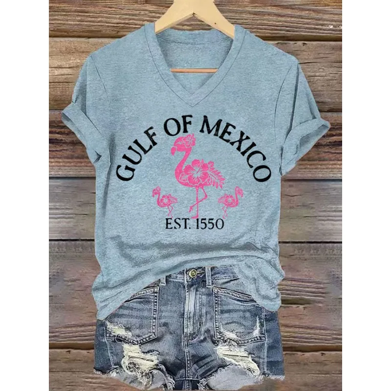Women's Summer V-Neck Short Sleeve T-Shirt Gulf of Mexico Japanese Print Hot Casual Top