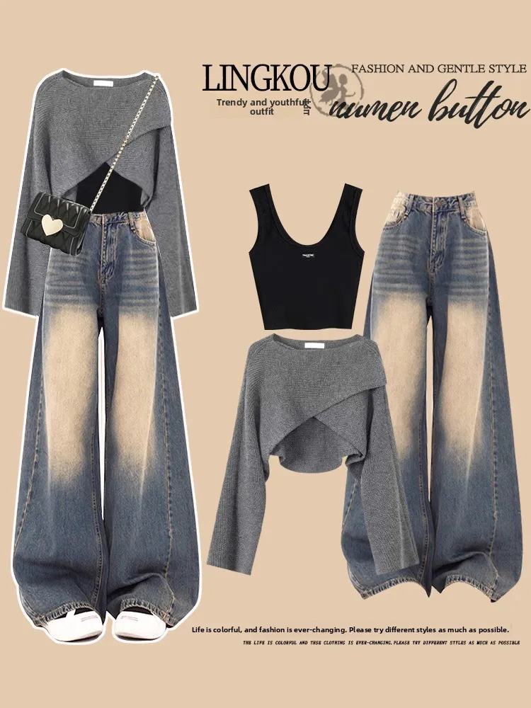 

plus Size Autumn Profional Knitted Set Women's Svel Top Loose High Waist Jeans Slimming Effect Tee Piece Suit